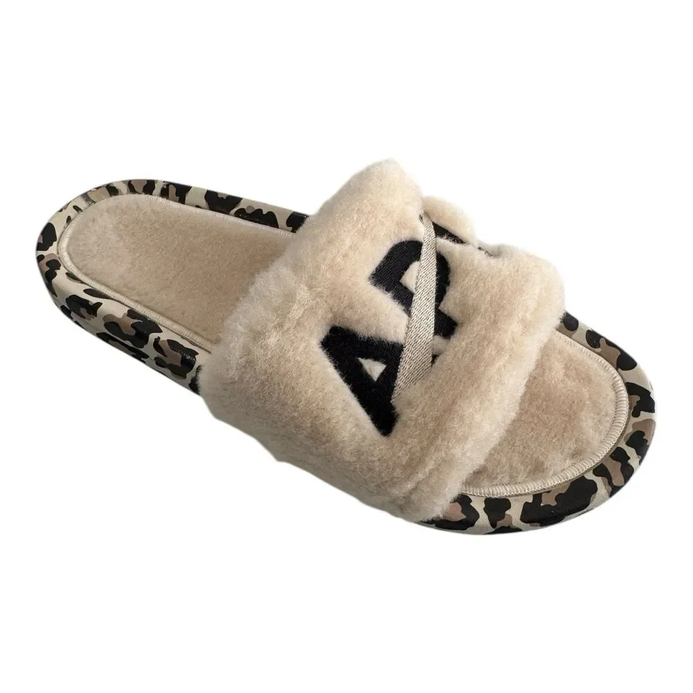 APL‎ Women’s Shearling Furry Slide Sandals in Parchment/Black/Leopard Size 10